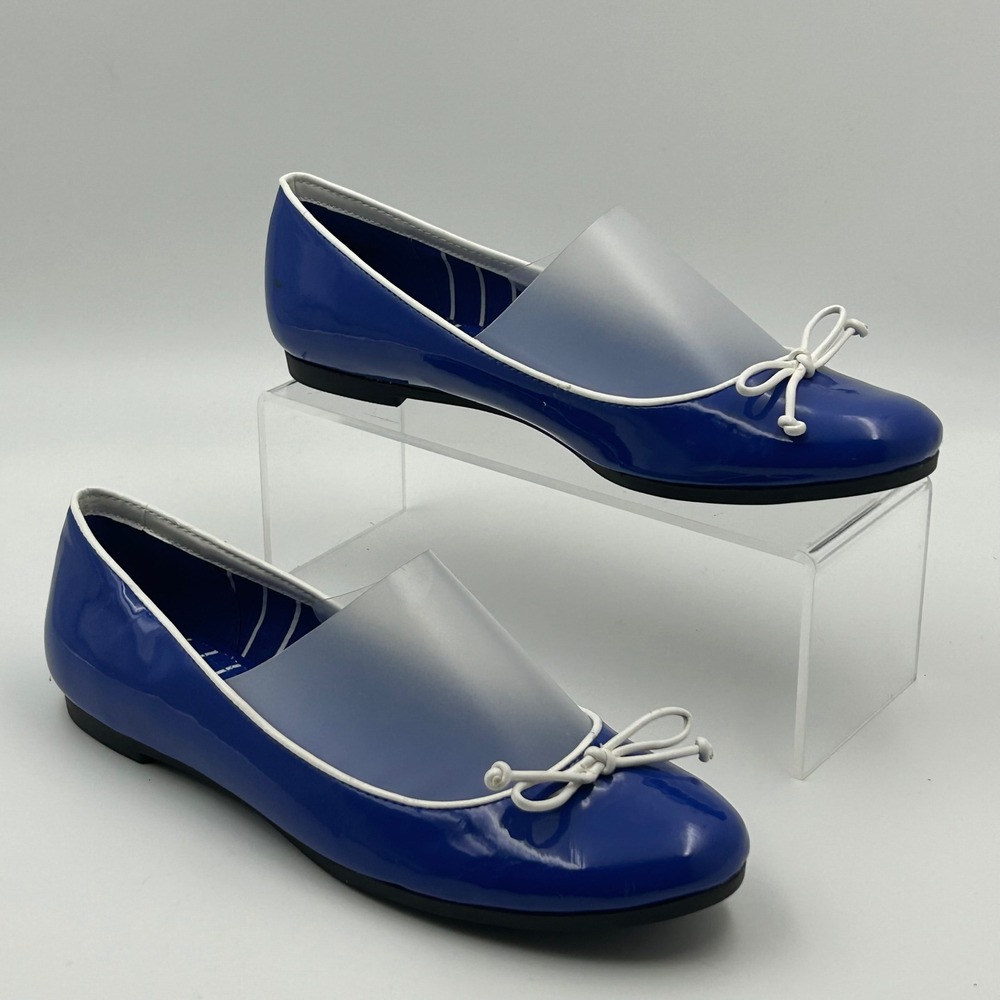 Chaps Ballet Flats Women 6 Blue Patent Bow Nautical Preppy Coastal Aesthetic